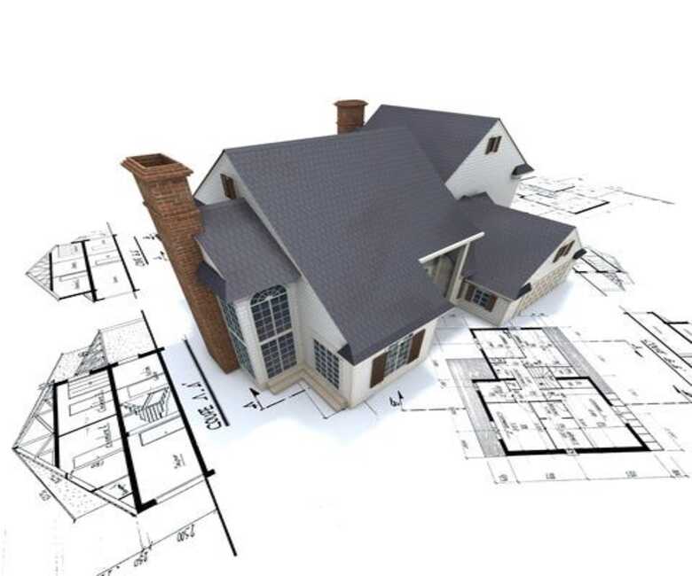 3D house model surrounded by architectural floor plans